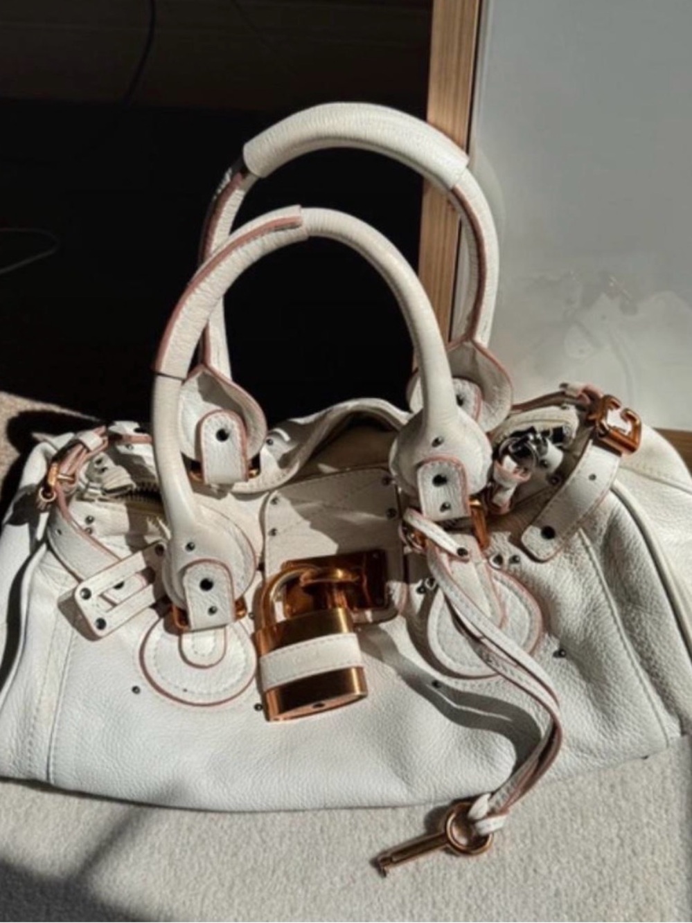 Chloe paddington White Leather Satchel Handbag with Rose Gold Hardware